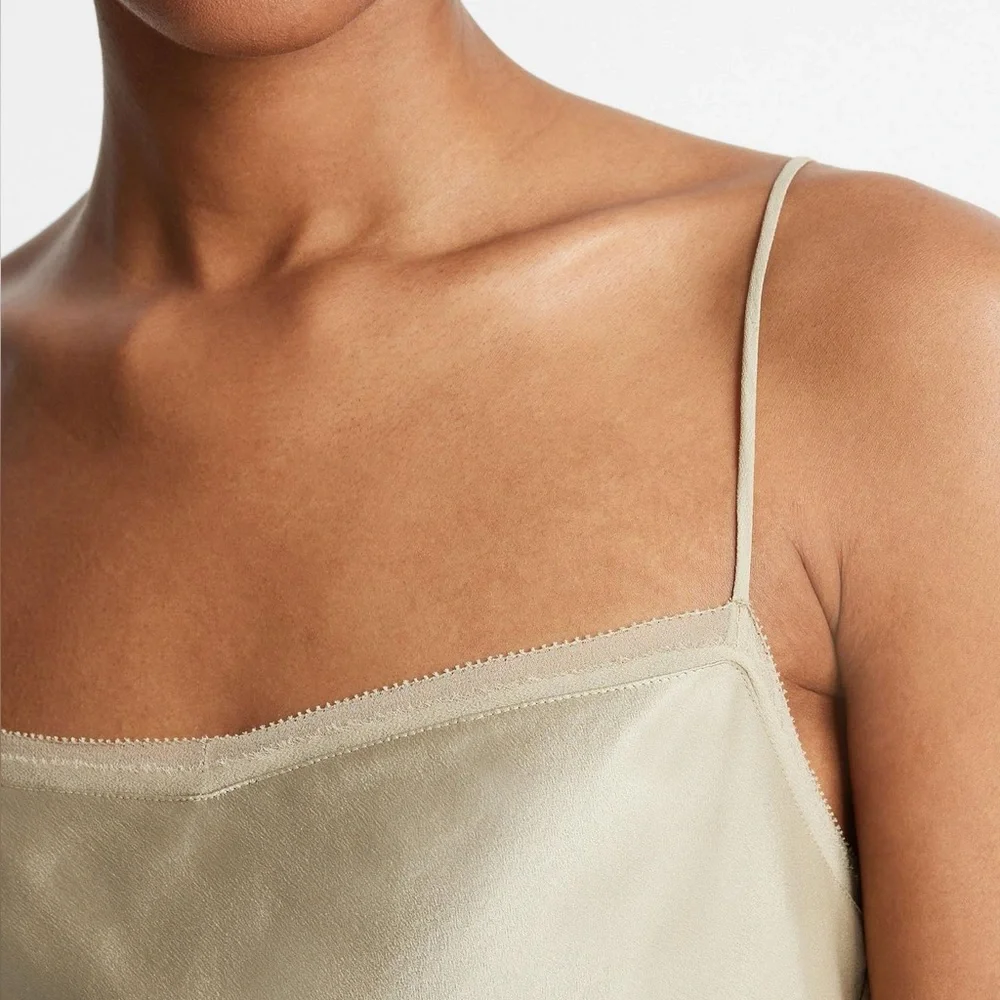New! Vince Chiffon-Trim 100% Silk Camisole Adjustable Spaghetti Straps - Picture 3 of 8